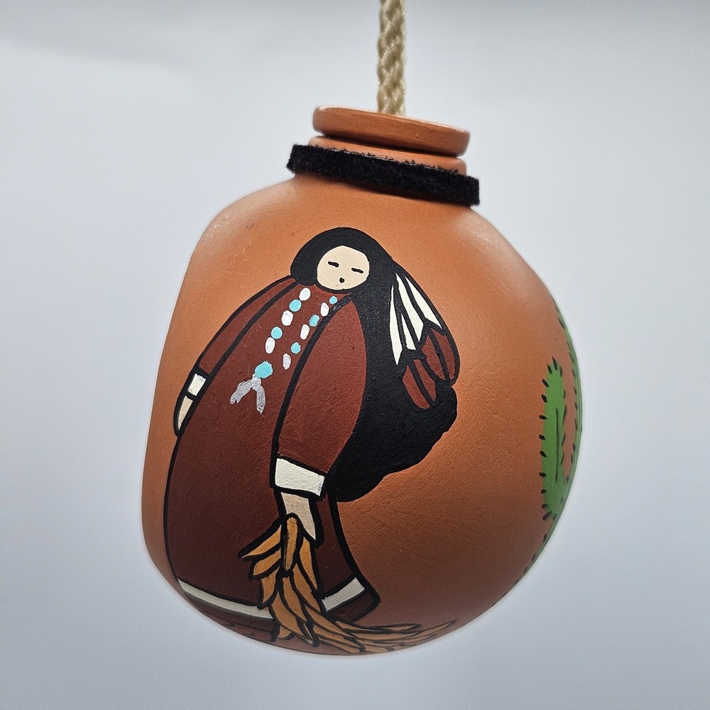 VTG Southwestern Terracotta Clay Christmas Ball Ornament Signed 3D Hand Painted